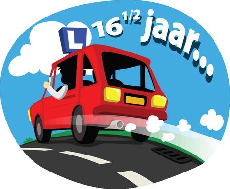 Tekening van een lesauto met L-bordje en de tekst 16 en een half jaar